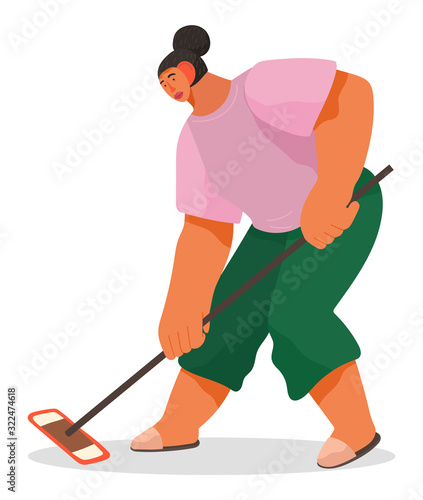 Young woman washing floor using mop. Person work at home on household duties. Housekeeper or housewife cleaning room. Human isolated on white background. Vector illustration of cleanup in flat style