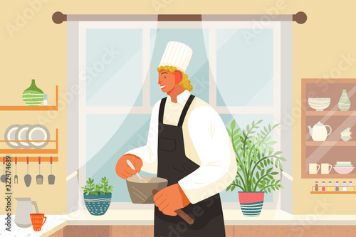 Restaurant kitchen, eating out, chef or cook with saucepans vector. Cafe staff, culinary and cooking, man mixing soup or sauce, order preparing. Profession or occupation, guy in uniform illustration
