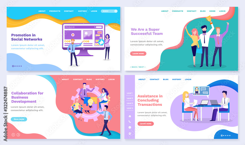 Set of collaboration for business development, super successful team and promotion in social media. People working on promotion together. Website or webpage template landing page, vector in flat style