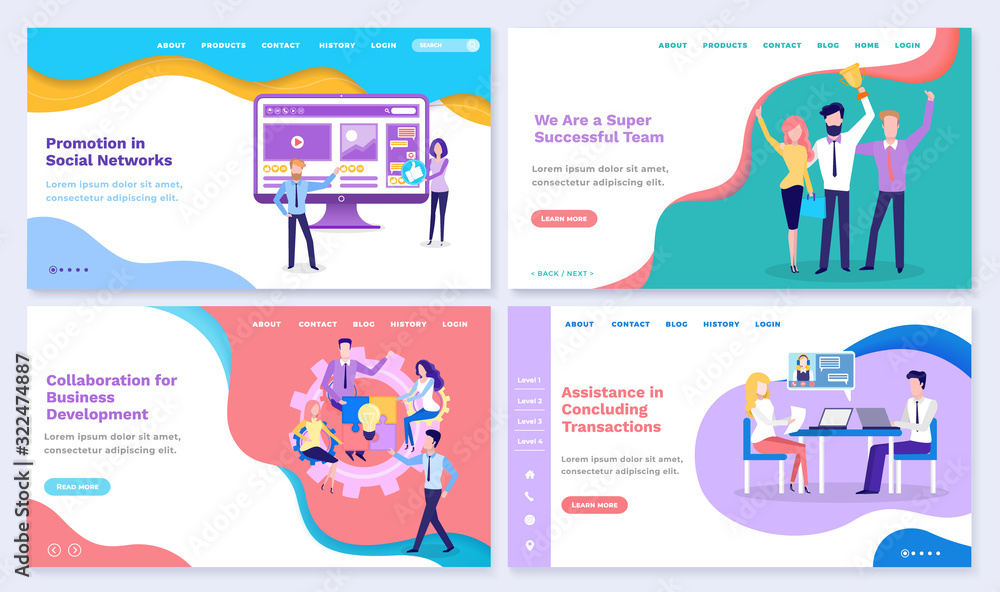 Naklejka premium Set of collaboration for business development, super successful team and promotion in social media. People working on promotion together. Website or webpage template landing page, vector in flat style