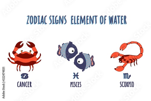 zodiac signs element of air cartoon characters. Hand drawn. isolated on a white background and lettering pisces,cancer,scorpio. illustration.design for mugs, packaging paper, t-shirts, poster,card