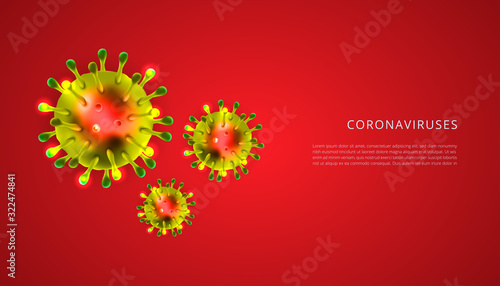 Group of Corona virus 3d realistic vector in red background. Coronaviruses cell, wuhan virus disease. Perfect for banner information, flyer, poster, etc. Vector illustration