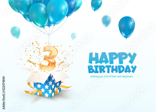 Celebrating of 3 years birthday vector 3d illustration. 3th years anniversary and open gift box with explosions confetti and number flying on balloons
