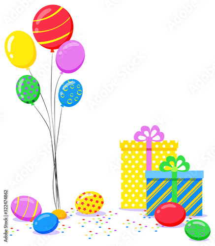 Balloons and present box, photozone accessory, colorful objects for photoshooting. Postcard decorated by festive symbols, creative idea for holiday, invitation element, location for photography vector