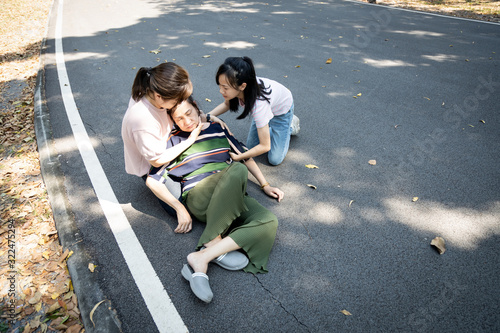 Sick asian senior woman fainting,syncope,chronic dizziness,unconscious fell to the floor suffer cardiac syncope,female elderly with postural hypotension or low blood pressure,stroke,health problem