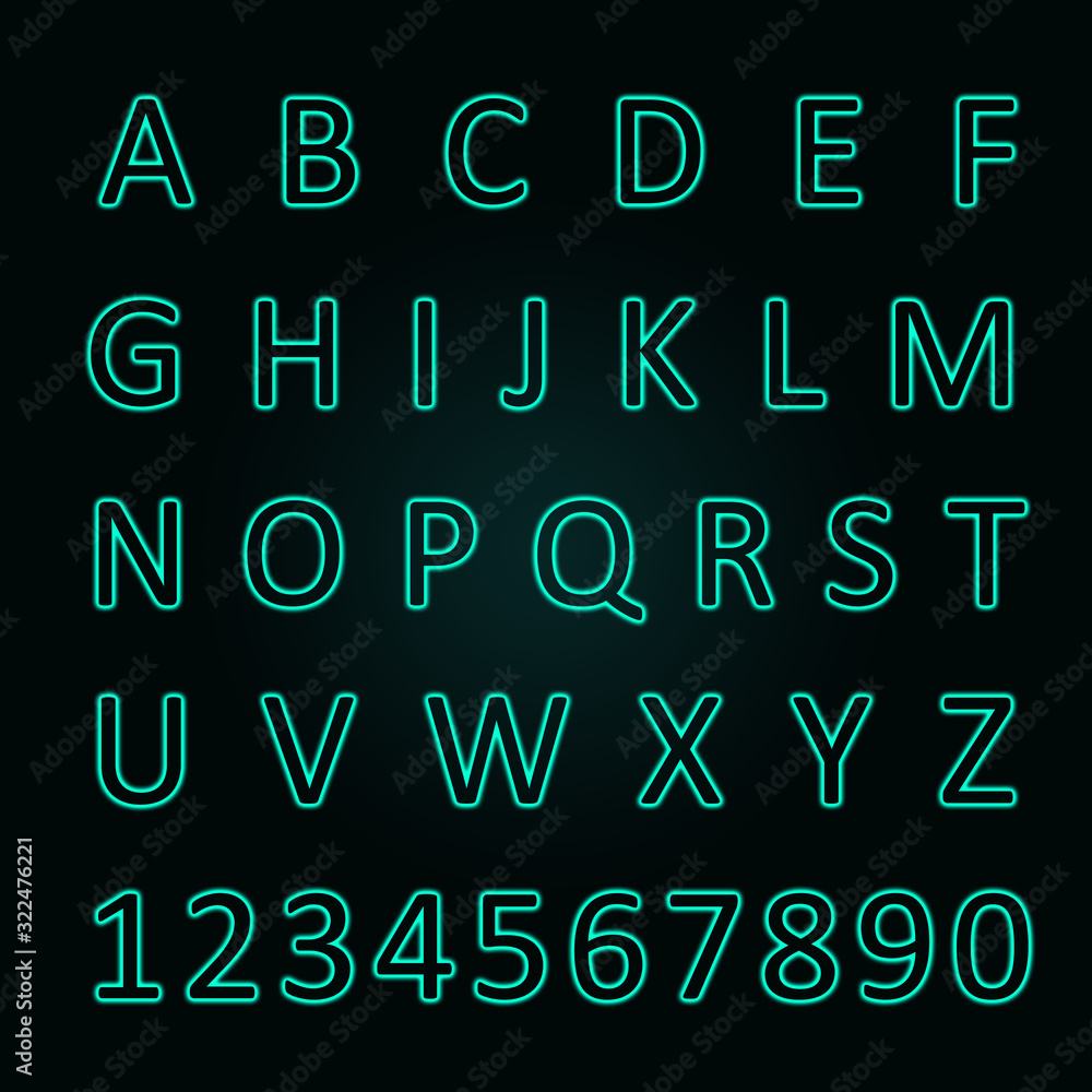 Glowing neon alphabet with letters from A to Z and numbers from 1 to 0. Trend color - aqua Menthe,