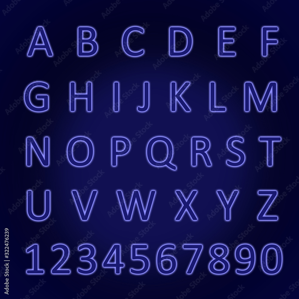Glowing neon alphabet with letters from A to Z and numbers from 1 to 0. Trend color - phantom blue.