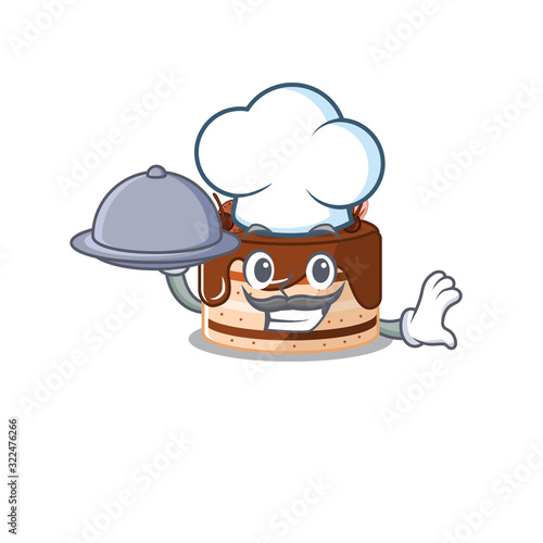 A picture of chocolate cake as a Chef serving food on tray