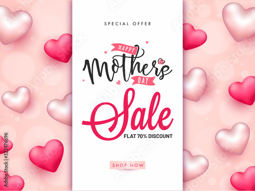 Happy Mother s Day Sale Poster Design with 70  Discount Offer and Glossy Hearts Decorated on Pastel Pink Bokeh Background.