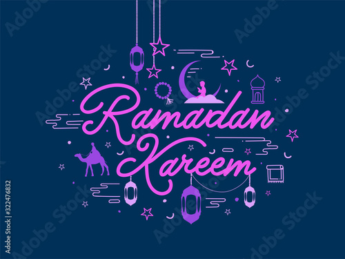 Pink Calligraphy Ramadan Kareem Text with Crescent Moon, Arabic Lanterns, Stars and Camel on Blue Background.