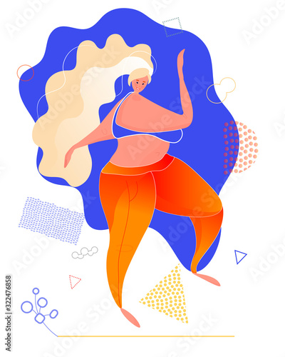Happy athletic plus size girl. Happy body positive concept. Different is beautiful. Attractive overweight woman. For Fat acceptance movement no fatphobia. Vector illustration on retro background.