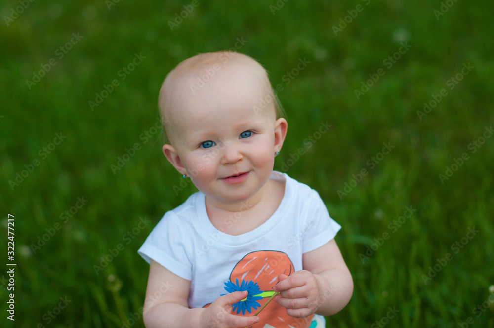 horizontal photo of a little girl who walks in the summer on the grass horizontal photo of a little girl who walks in the summer on the grass