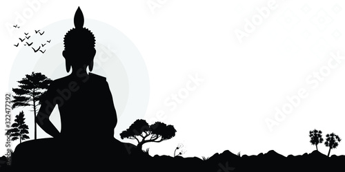 vesak day banner with Silhouette Big Buddha statue on mountain view in evening time vector design
