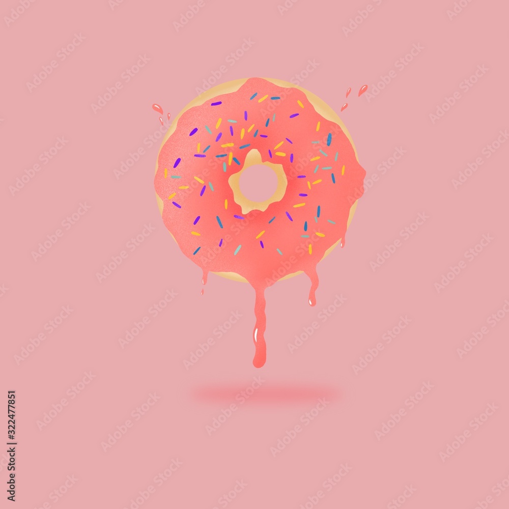 Illustration of a doughnut on a pink background with a filling, a world of sweets. Illustration of a doughnut on a pink background with a filling, a world of sweets.