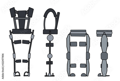 Set of colorful outline medical exoskeleton isolated on a white background. Help for people with disabilities. The future and innovation. Vector exosuit. Contour element for banner and your design