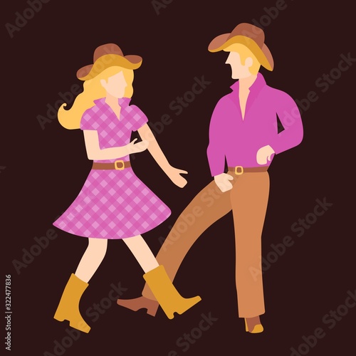 Vector illustration of a guy and a girl in raspberry and brown clothes, hats dancing canry dance. Isolated illustration of a couple of blond and blonde dances western dance on a dark background. photo