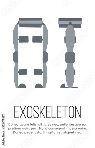Vertical banner with flat medical leg exoskeleton on white background with place for text. Help for people with disabilities. The future and innovation. Vector template with exosuit.