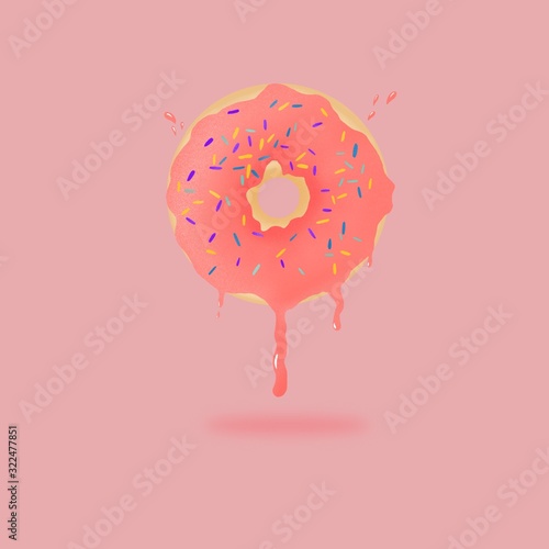 Illustration of a doughnut on a pink background with a filling, a world of sweets.