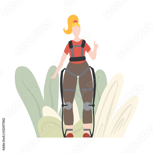 Illustration of white woman in exosuit with abstract foliage. Medical exoskeleton to help people with disabilities. Innovation in healthcare. Vector image for articles, banners and your design.