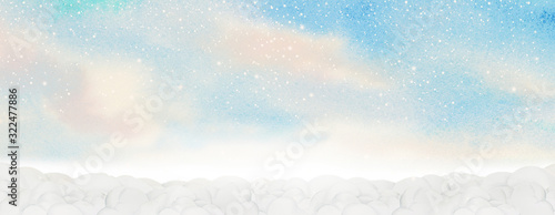 Abstract watercolor painting landscape panorama illustration on paper and cloud snow, sky background.