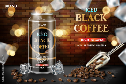 Realistic black canned coffee with beans and ice cubes in 3d illustration. Product coffee drink design with brick background. Vector