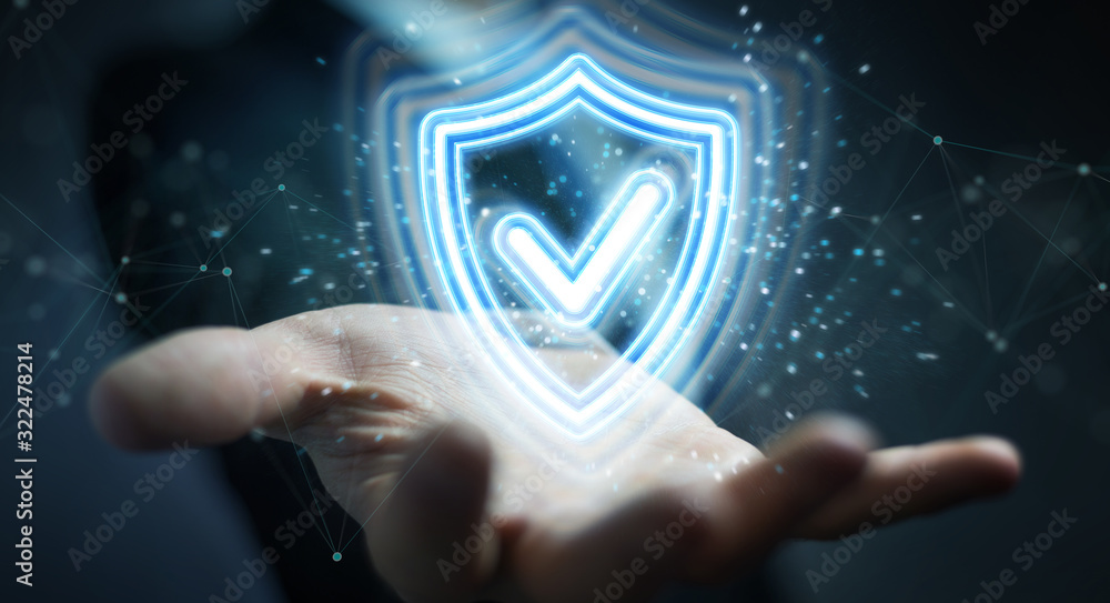 Fototapeta premium Man hand using digital shield protection blue holographic interface 3D rendering
