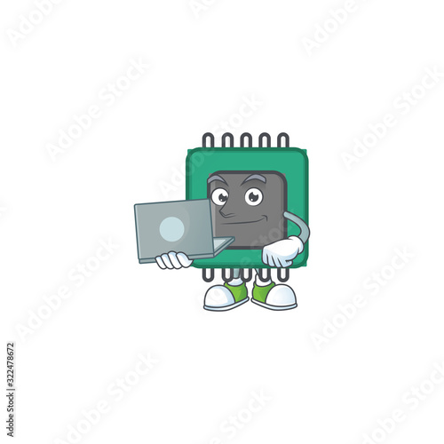A smart RAM mascot icon working with laptop