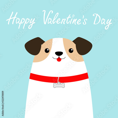 Happy Valentines Day. Dog face head. White puppy pooch. Red collar bone. Cute cartoon kawaii funny baby character. Flat design style. Help homeless animal Adopt me Pet adoption. Blue background