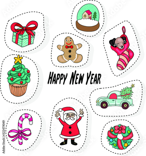 Set of color vector cute winter stickers, pins, patches. Doodle icons items in cartoon hand drawn style.