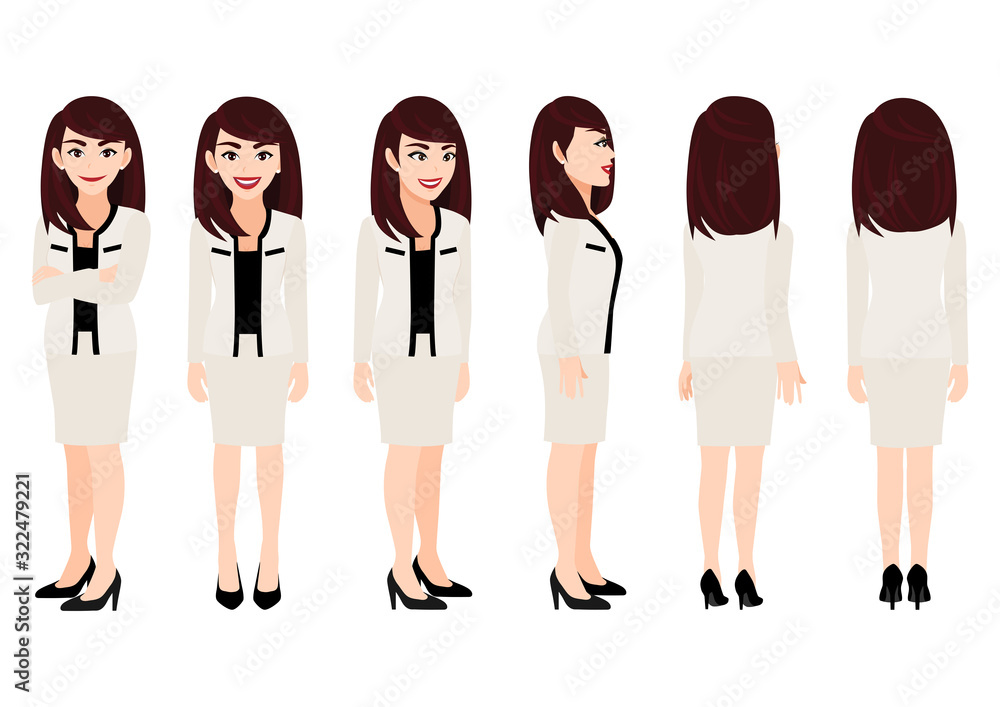 Cartoon character with business woman in suit for animation. Front, side,  back, 3-4 view character. Flat vector illustration. Stock Vector | Adobe  Stock