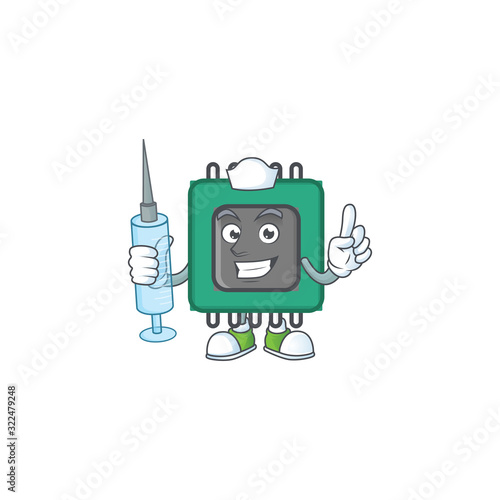Smiley Nurse RAM cartoon character with a syringe