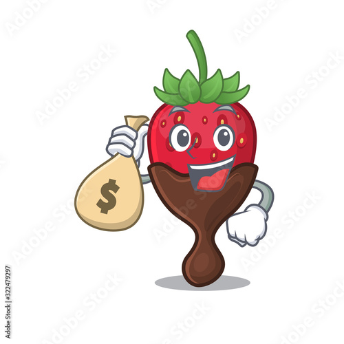 Rich and famous chocolate strawberry cartoon character holding money bag