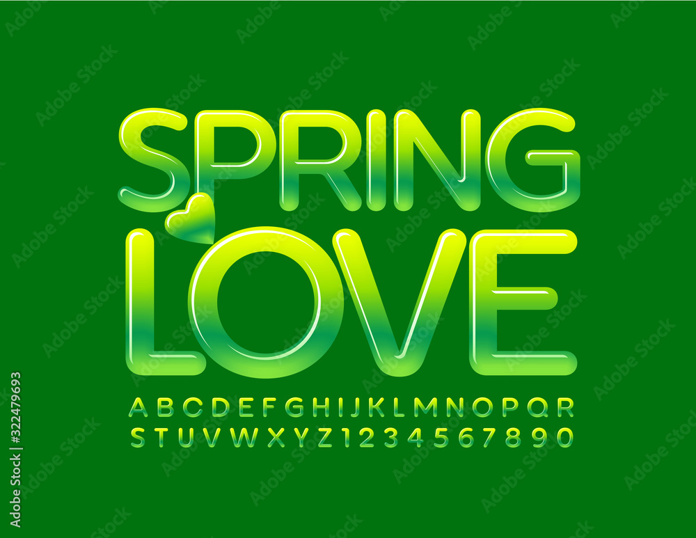 Vector colorful logo Spring Love. Green Glossy Font. Artistic Alphabet Letters and Numbers.