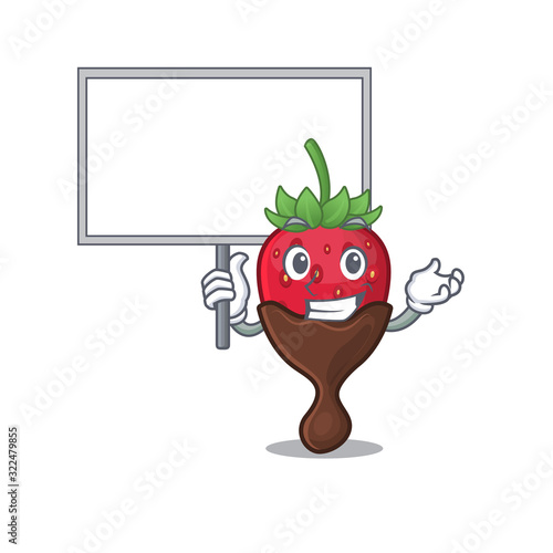 A cute picture of chocolate strawberry mascot design with a board