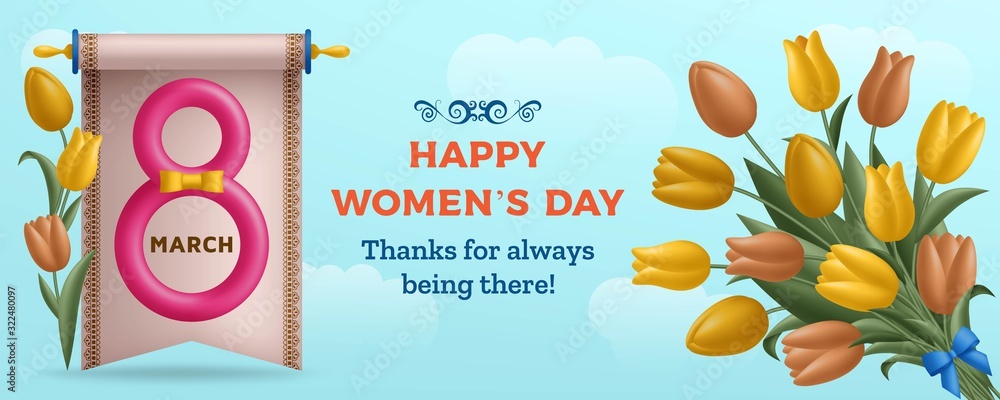 Cute Happy Womens Day background with figure eight and bouquet of tulips