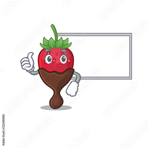 Thumbs up of chocolate strawberry cartoon design having a board