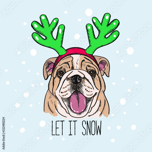 Christmas card. Dog in a horn deer mask. Vector illustration.