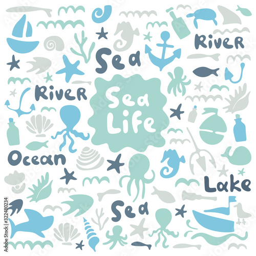 Sea life, ocean trip, underwater world, summer marine cruise. Stock doodle flat illustration. Blue, indigo, mint. Text sea, lake, ocean, river. Good for boys room, postcard, kindergarten, baby shower