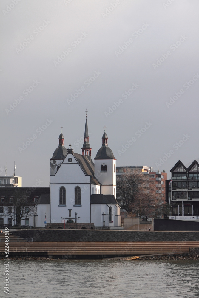 Church on Rein River Embankment. Cologne, Germany