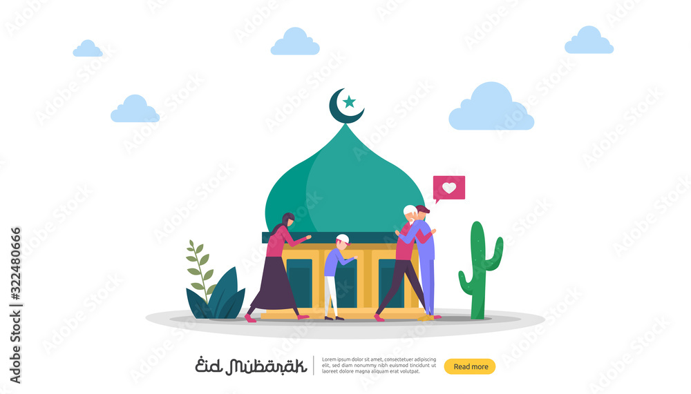 islamic design illustration concept for Happy eid mubarak or ramadan greeting with people character. template for web landing page, banner, presentation, social, poster, ad, promotion or print media.