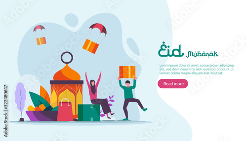 islamic design illustration concept for Happy eid mubarak or ramadan greeting with people character. template for web landing page, banner, presentation, social, poster, ad, promotion or print media.