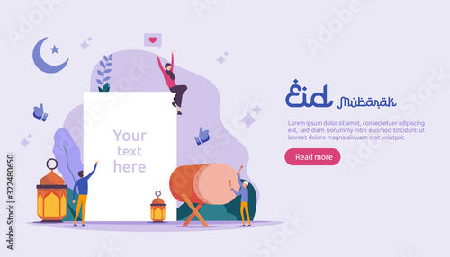 islamic design illustration concept for Happy eid mubarak or ramadan greeting with people character. template for web landing page, banner, presentation, social, poster, ad, promotion or print media.