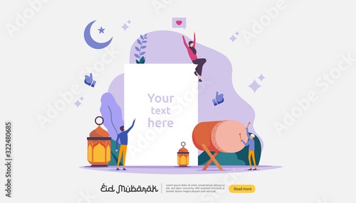 islamic design illustration concept for Happy eid mubarak or ramadan greeting with people character. template for web landing page, banner, presentation, social, poster, ad, promotion or print media.