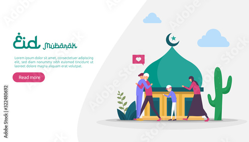 islamic design illustration concept for Happy eid mubarak or ramadan greeting with people character. template for web landing page, banner, presentation, social, poster, ad, promotion or print media.