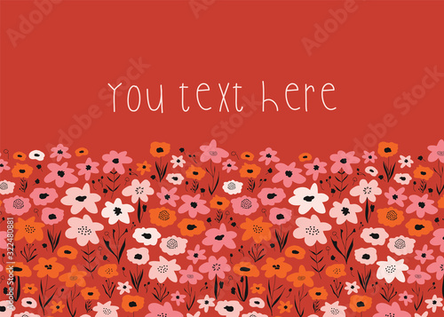 Summer ditsy flowers card template vector. Pink red orange flower meadow on the bottom border of a horizontal card. Summer or spring design with editable text for greeting card, invitation, sales