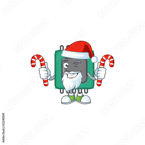 cartoon mascot style of RAM in Santa costume with candy