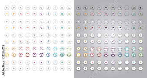 Hexagon button icon with multiple symbols.Icons that can use extrude effects on various background colors.Extruded button-shaped icon.