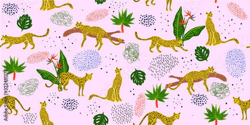 Seamless pattern of leopards in jungle - vector illustration