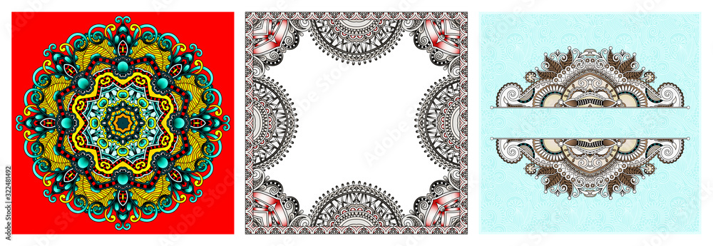 set of paisley floral design elements for page decoration, frame, corner, divider, circle snowflake