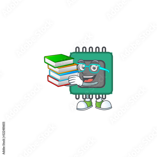 A brainy clever cartoon character of RAM studying with some books